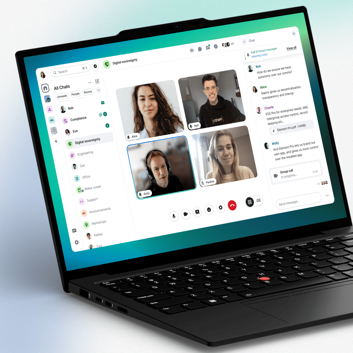 Element Web в браузере на ноутбуке: список комнат, переписка и групповой видеозвонок